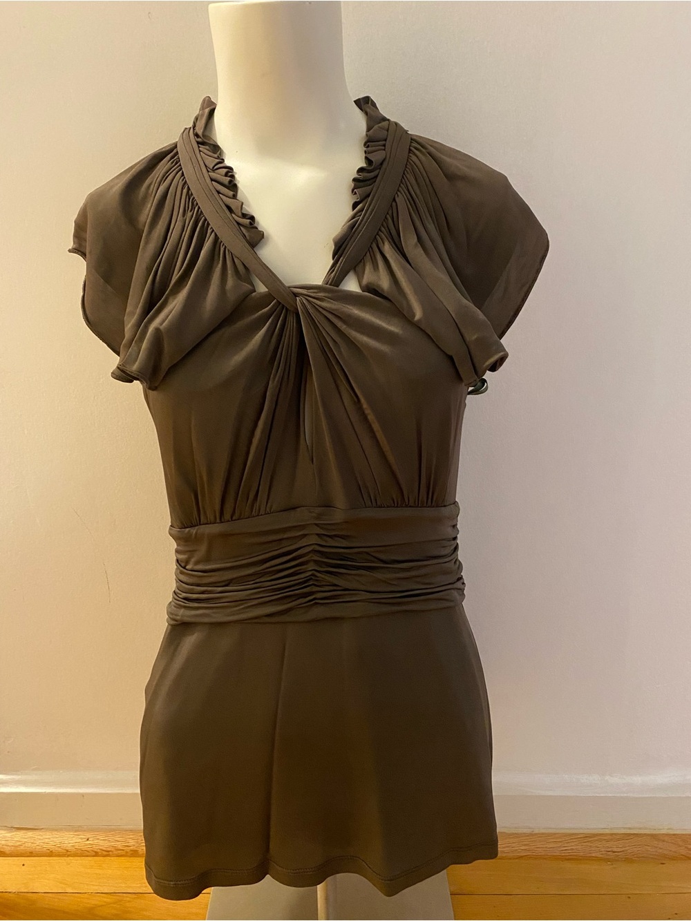 BCBGMaxAzria Olive Twist-Front Ruched Waist Mini Dress
